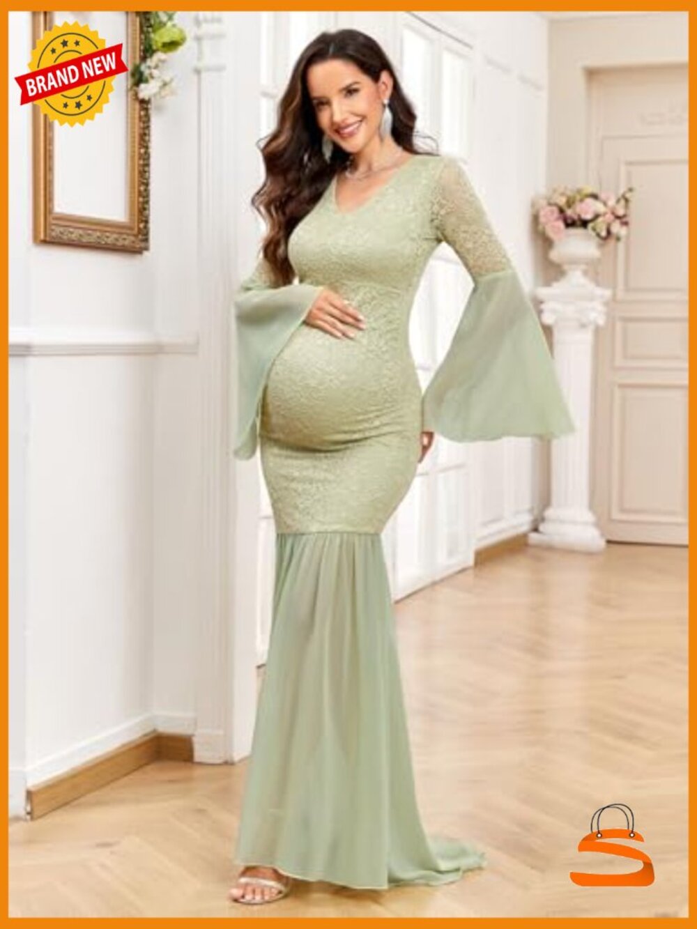 Maternity Lace Chiffon Mermaid Gown Bell Sleeve V-Neck Maxi Dress Photoshoot - Picture 3 of 7